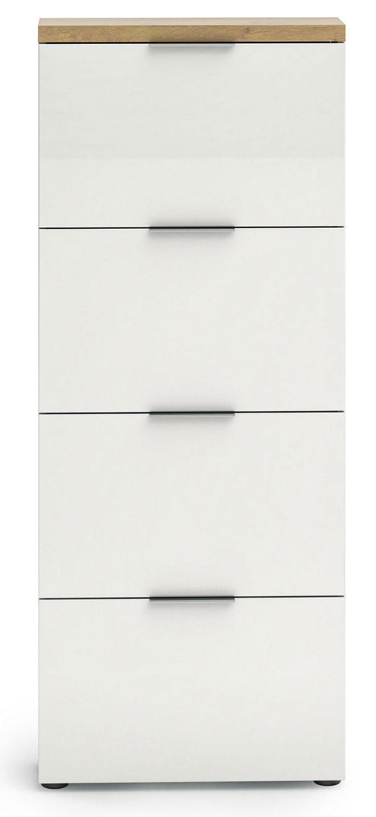 Moderner weißer Schuhschrank mit vier Klappen und Holzoberfläche, Frontalansicht