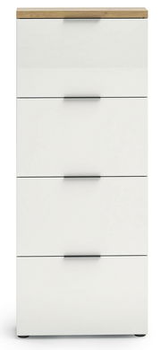 Moderner weißer Schuhschrank mit vier Klappen und Holzoberfläche, Frontalansicht