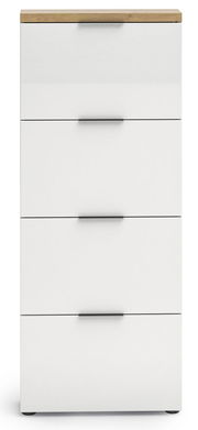 Moderner weißer Schuhschrank mit vier Klappen und Holzoberfläche, Frontalansicht