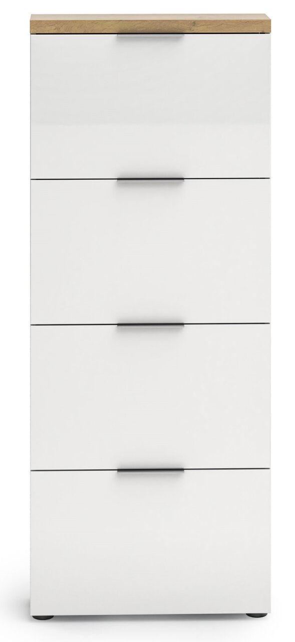 Moderner weißer Schuhschrank mit vier Klappen und Holzoberfläche, Frontalansicht