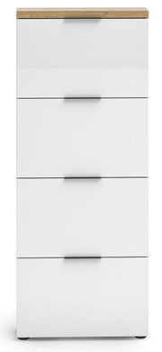 Moderner weißer Schuhschrank mit vier Klappen und Holzoberfläche, Frontalansicht