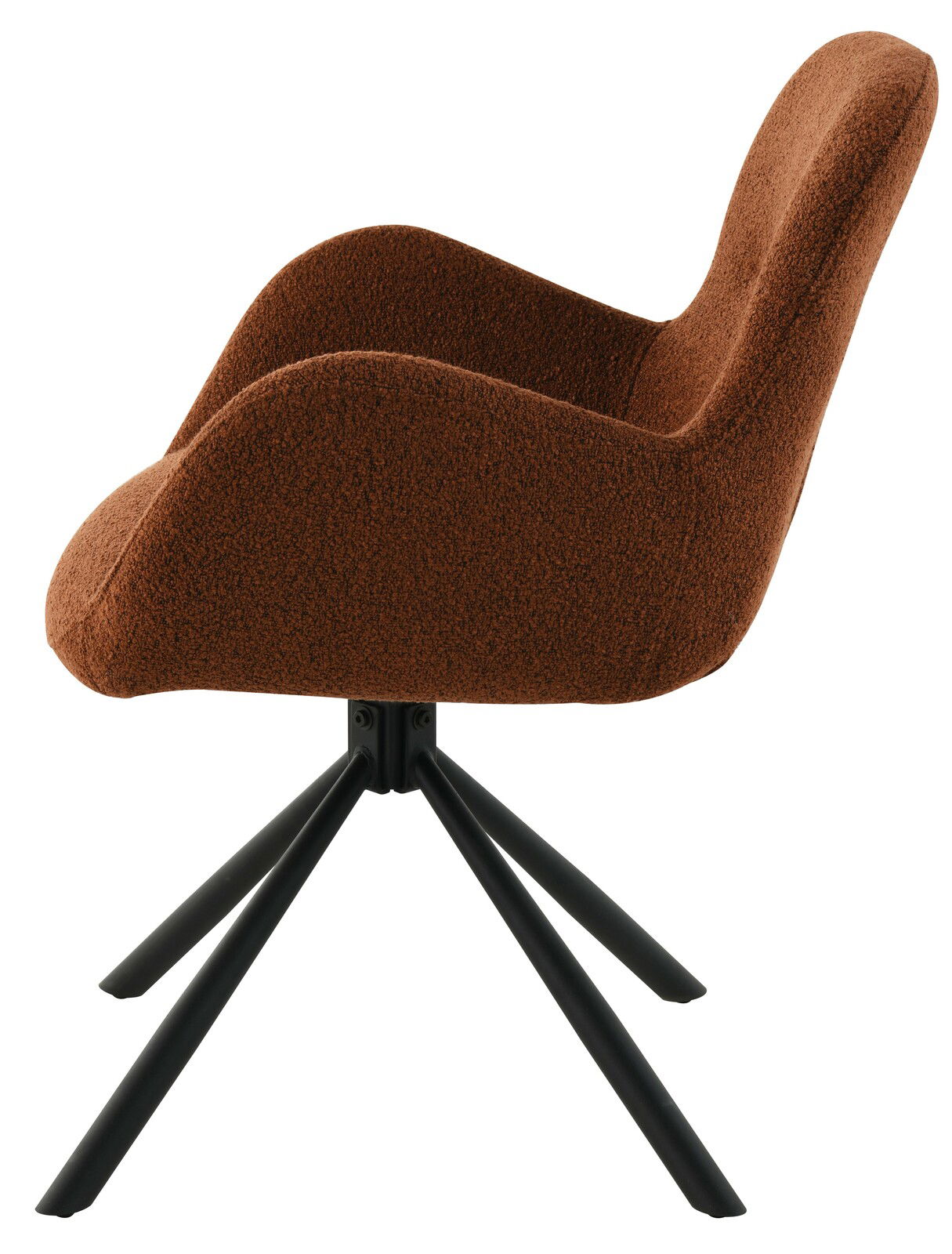 Brauner Armlehnstuhl mit schwarzem Metallgestell, seitliche Perspektive