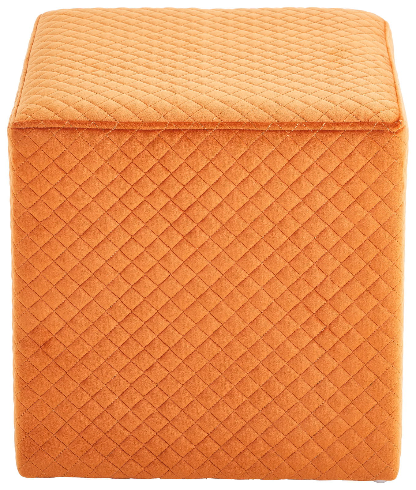 Orangefarbener, quadratischer Hocker mit gestepptem Muster, Vorderansicht