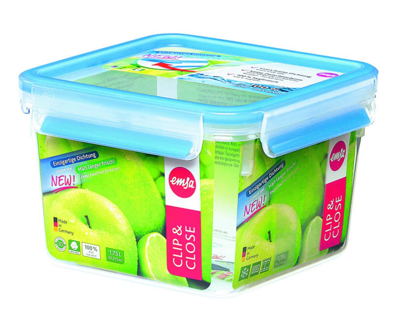 Doorzichtige plastic pot met blauw deksel, 1,75 liter, gefotografeerd vanuit een schuine hoek van bovenaf, met Clip & Close-sluiting en een appelmotief.
