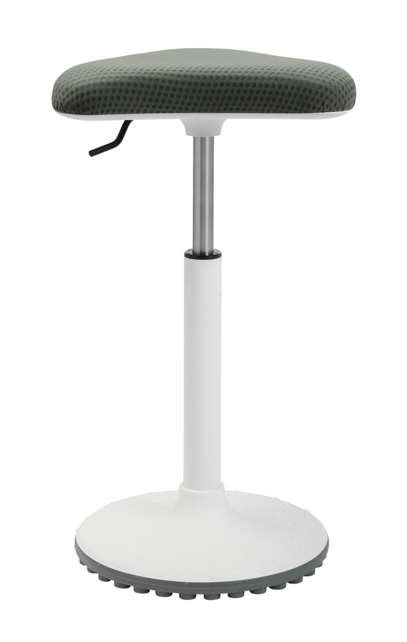 Schwinghocker mit grünem Sitzpolster und weißem Standfuß, seitliche Perspektive
