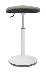 Schwinghocker mit grünem Sitzpolster und weißem Standfuß, seitliche Perspektive