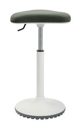 Schwinghocker mit grünem Sitzpolster und weißem Standfuß, seitliche Perspektive