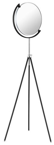 Moderne LED-Stehleuchte mit rundem Lampenschirm auf einem dreibeinigen Stativ, seitliche Perspektive