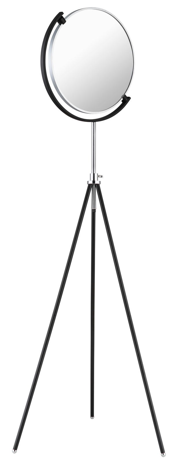 Moderne LED-Stehleuchte mit rundem Lampenschirm auf einem dreibeinigen Stativ, seitliche Perspektive