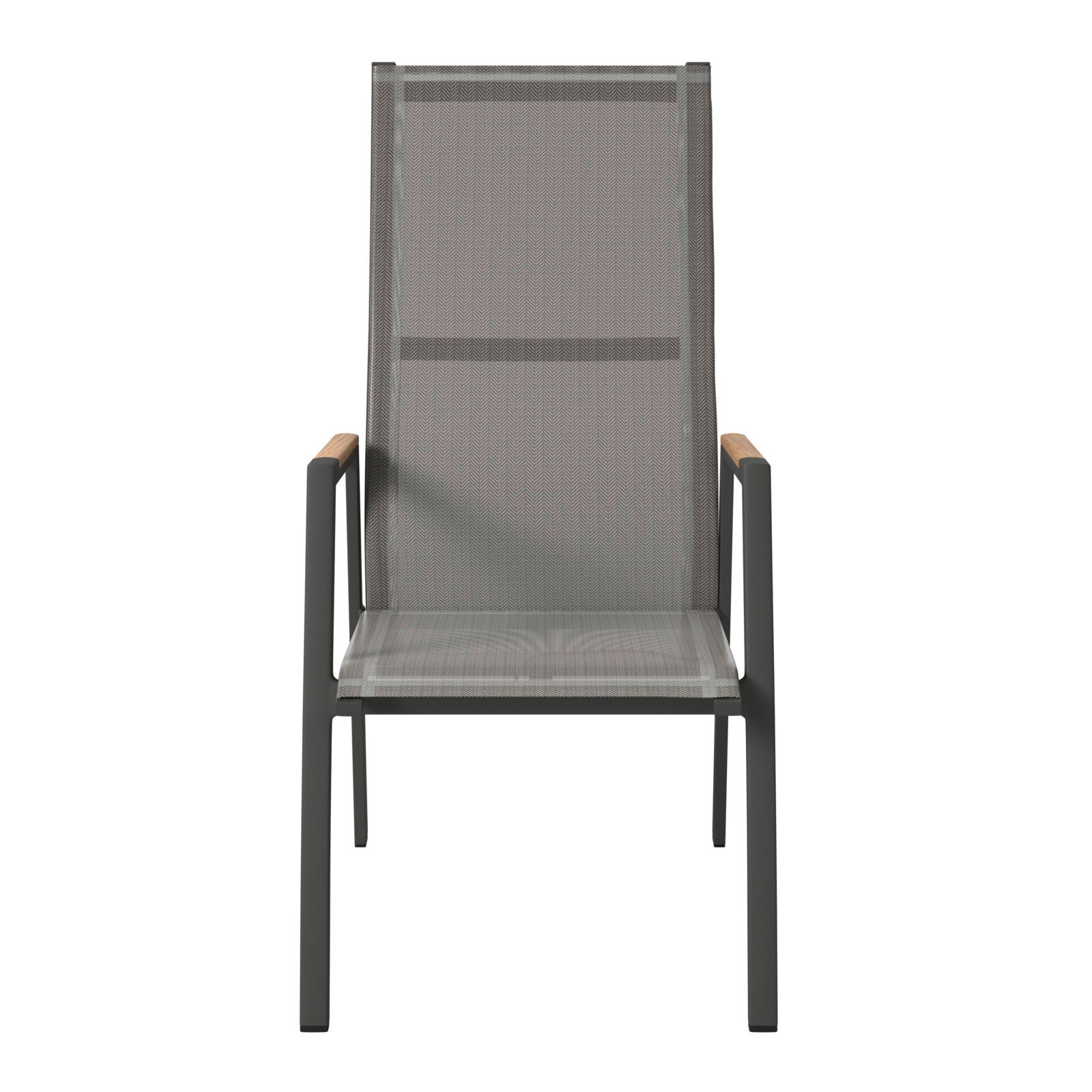 Moderner Gartensessel mit Metallrahmen und Holzarmlehnen, Frontalansicht