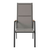 Moderner Gartensessel mit Metallrahmen und Holzarmlehnen, Frontalansicht