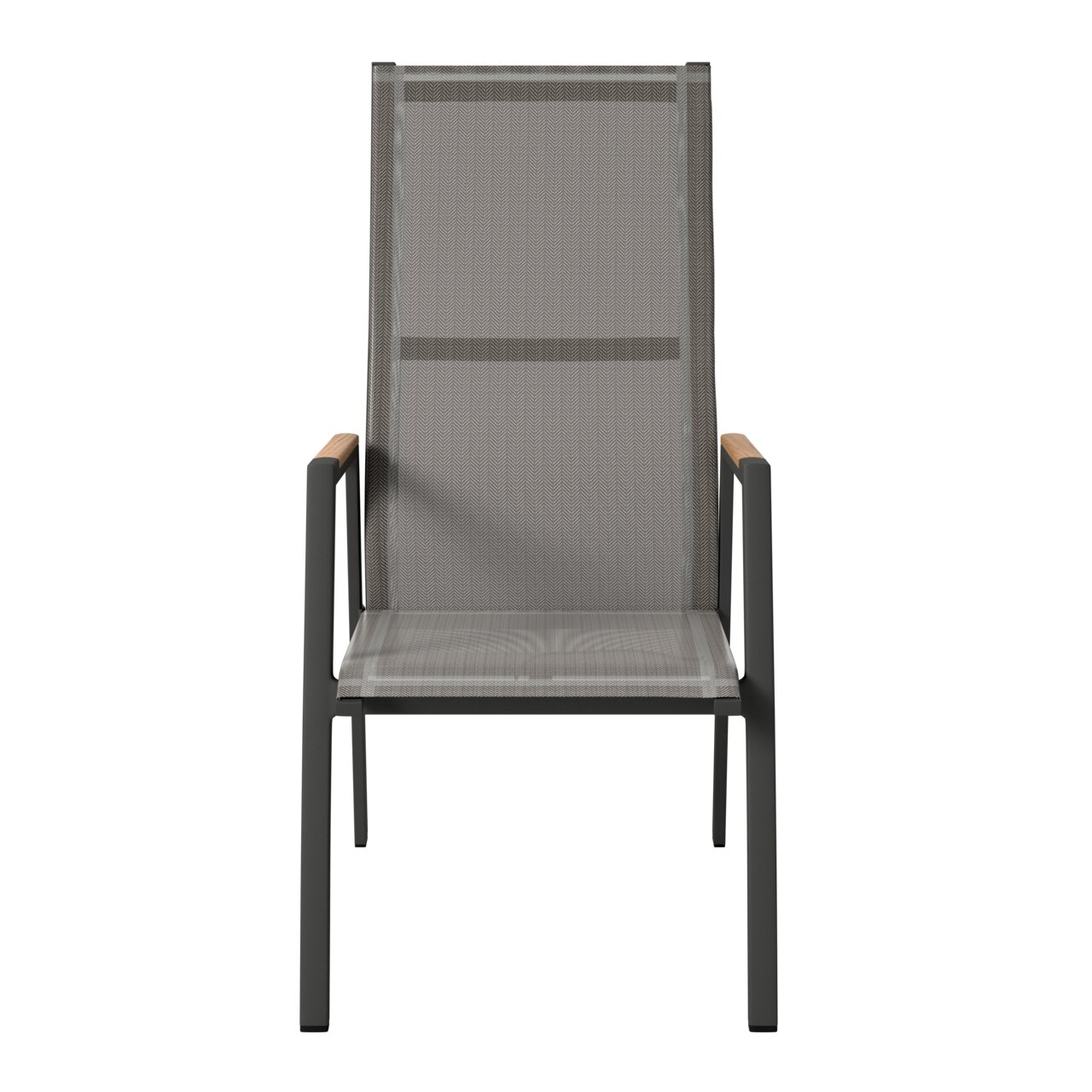 Moderner Gartensessel mit Metallrahmen und Holzarmlehnen, Frontalansicht