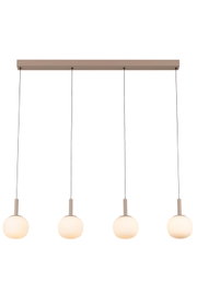 Moderne LED-Hängeleuchte mit vier kugelförmigen, weißen Lampenschirmen, aufgehängt an dünnen Kabeln von einer rechteckigen Deckenhalterung. Frontalansicht.