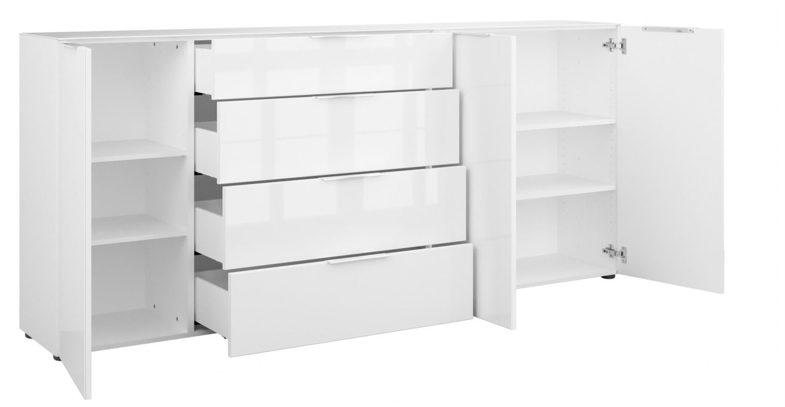 Weißes XXL-Sideboard mit offenen Türen und Schubladen, seitliche Perspektive