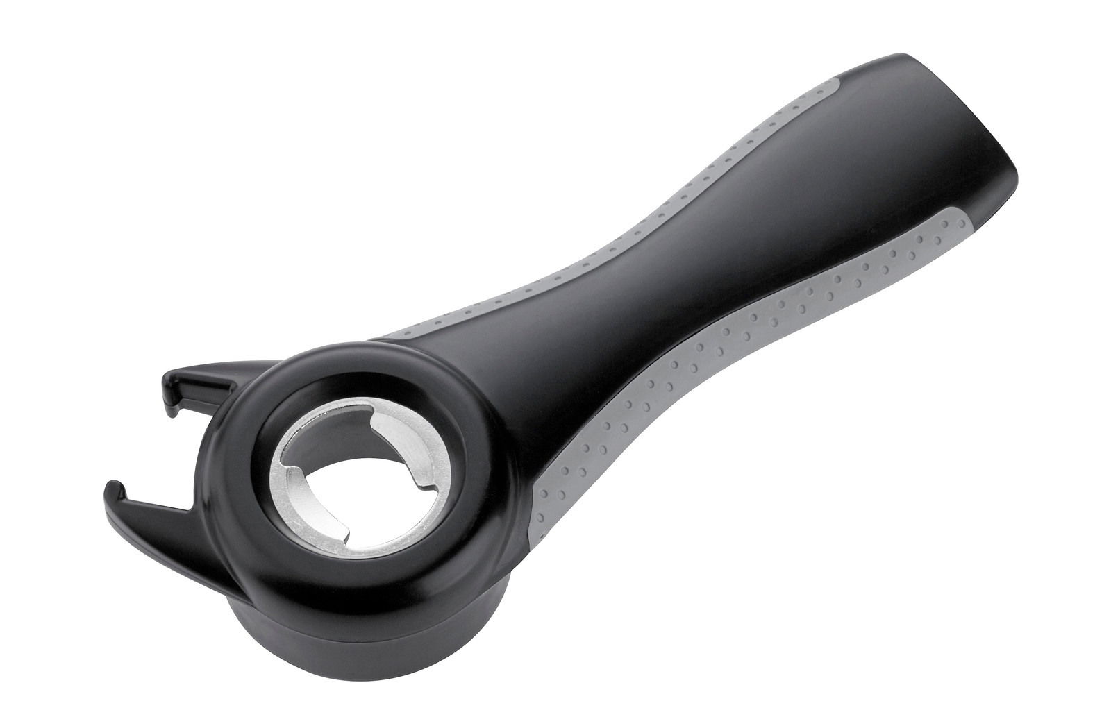 Multifunktionsöffner 5 in 1 in seitlicher Perspektive, schwarz mit grauen Griffen, geeignet zum Öffnen verschiedener Verschlüsse.