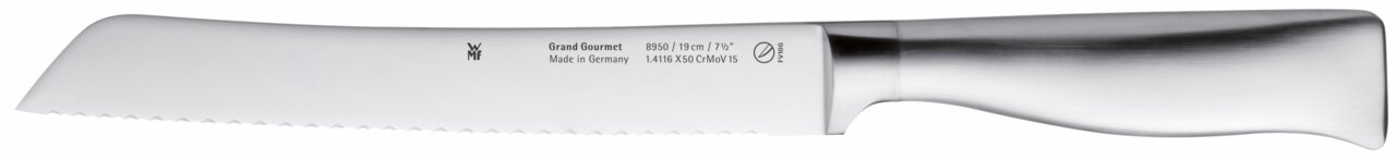 Seitliche Ansicht eines hochwertigen Brotmessers aus Edelstahl mit Wellenschliff, Teil des Messerblocks Grand Gourmet 6-tlg.