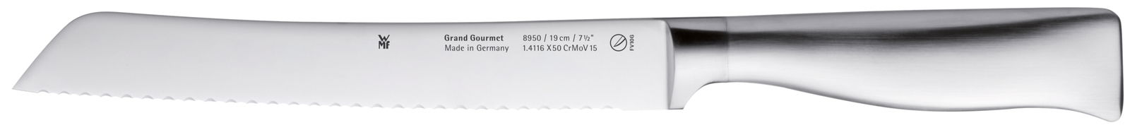 Seitliche Ansicht eines hochwertigen Brotmessers aus Edelstahl mit Wellenschliff, Teil des Messerblocks Grand Gourmet 6-tlg.
