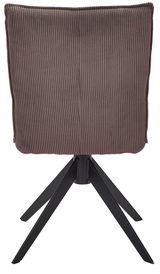 Rückansicht eines Stuhls mit geripptem Stoffbezug und schwarzem Metallgestell