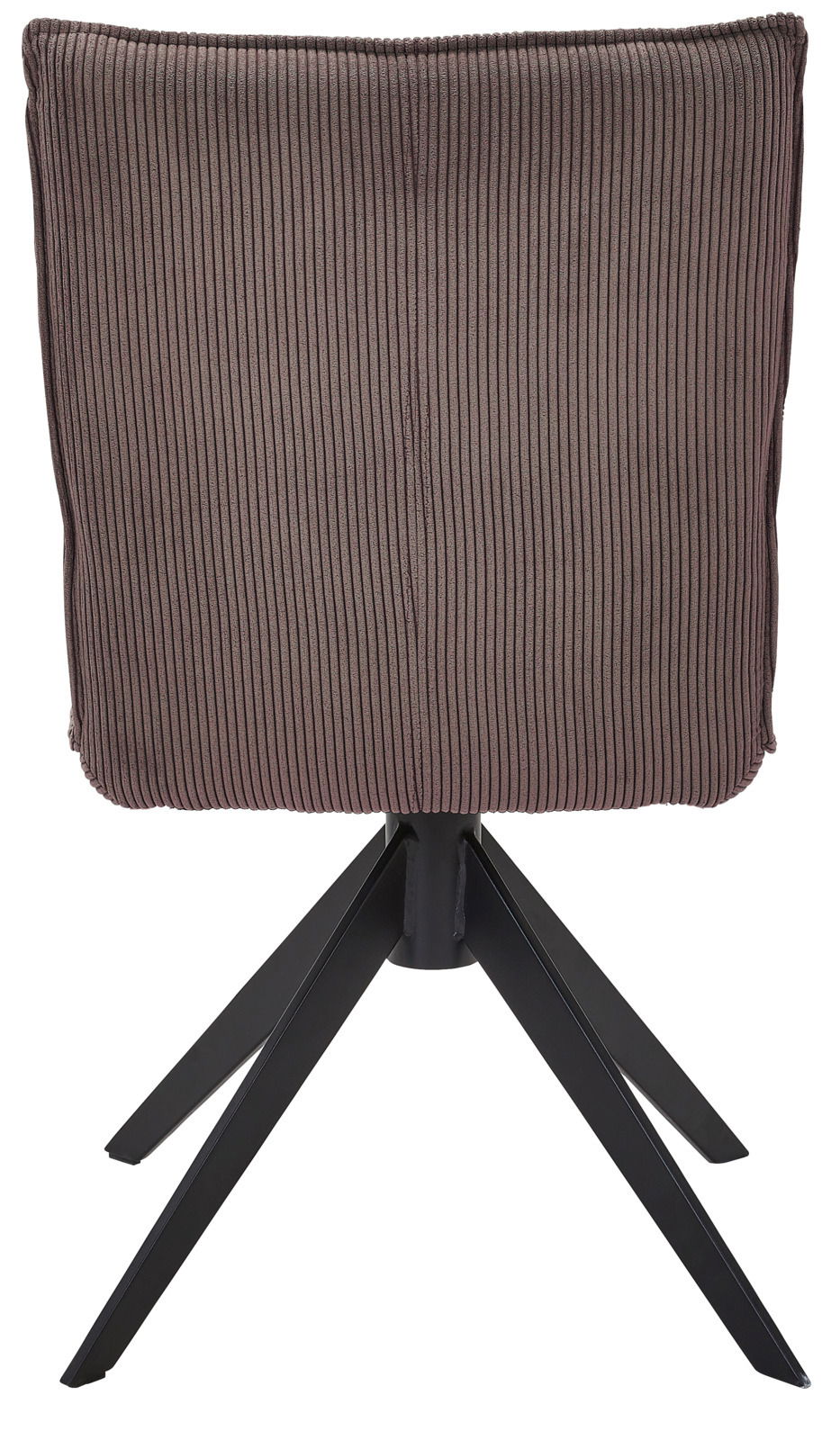 Rückansicht eines Stuhls mit geripptem Stoffbezug und schwarzem Metallgestell