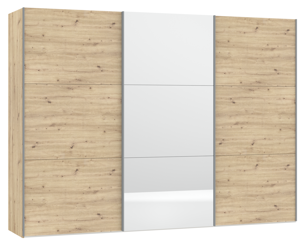 Schwebetürenschrank mit drei Türen, mittlere Tür mit Spiegel, Holzoptik, frontale Ansicht