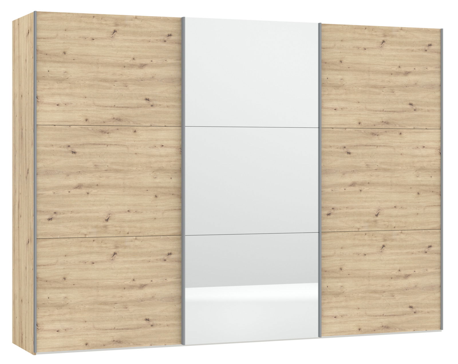Schwebetürenschrank mit drei Türen, mittlere Tür mit Spiegel, Holzoptik, frontale Ansicht