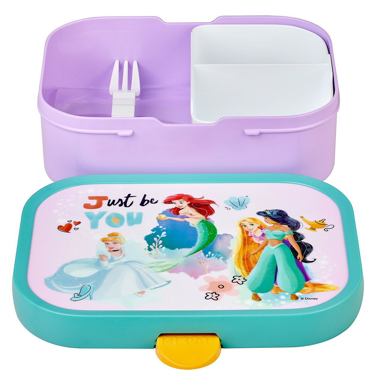 Lunchbox mit Disney-Prinzessinnen-Design, offene Perspektive mit sichtbarem Innenfach und Gabel.