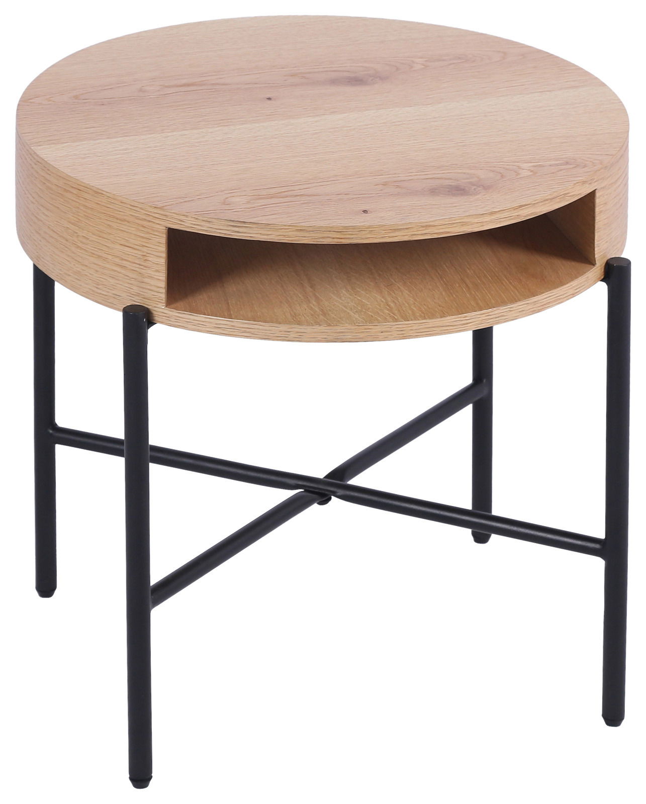 Runder Beistelltisch aus Holz mit schwarzem Metallgestell, seitliche Perspektive