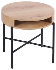 Runder Beistelltisch aus Holz mit schwarzem Metallgestell, seitliche Perspektive