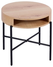 Runder Beistelltisch aus Holz mit schwarzem Metallgestell, seitliche Perspektive