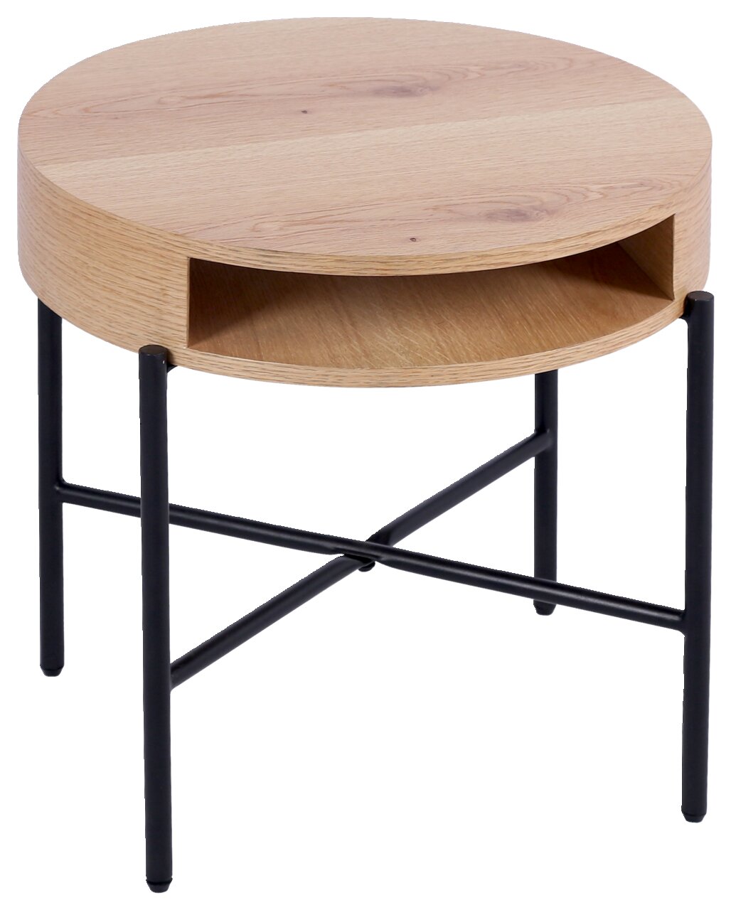 Runder Beistelltisch aus Holz mit schwarzem Metallgestell, seitliche Perspektive