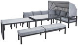 Modernes Dining-Lounge-Set mit grauen Polstern und einem schattenspendenden Dach, seitliche Perspektive