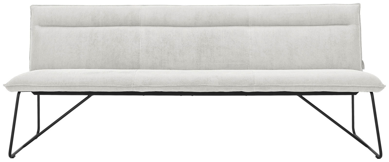 Frontansicht einer modernen, weißen Sitzbank mit Metallbeinen.