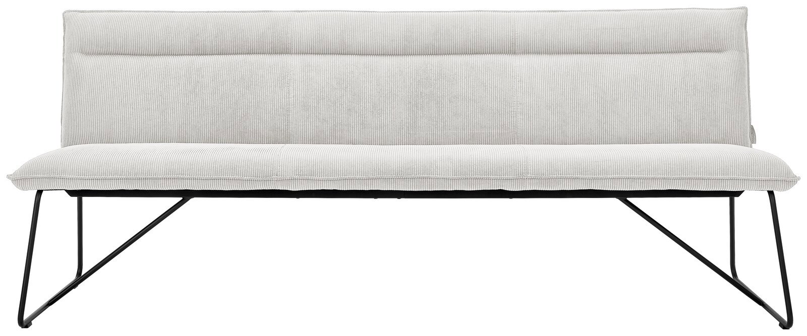Frontansicht einer modernen, weißen Sitzbank mit Metallbeinen.