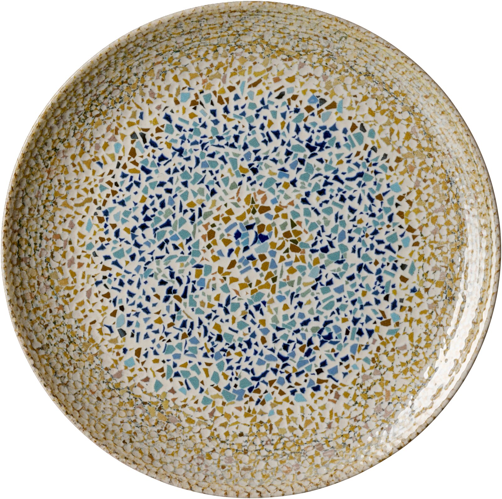 Speiseteller mit Mosaikmuster in Blau- und Brauntönen, Draufsicht
