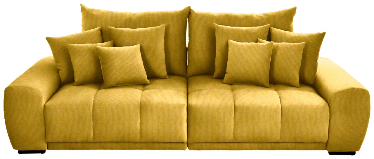 Großes gelbes Sofa mit mehreren Kissen, Frontalansicht