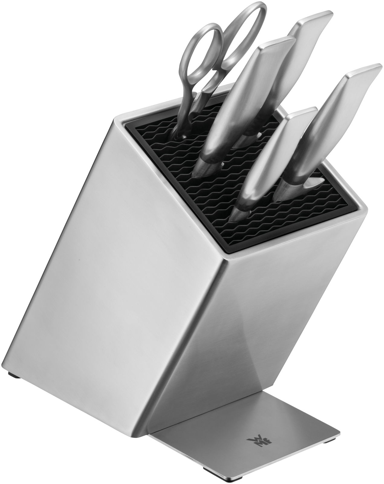 Messerblock Grand Gourmet 6-teilig aus Edelstahl mit schräger Perspektive, inklusive Messer und Schere.
