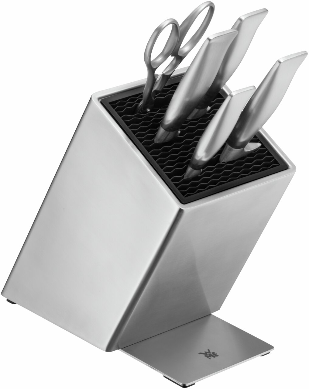 Messerblock Grand Gourmet 6-teilig aus Edelstahl mit schräger Perspektive, inklusive Messer und Schere.