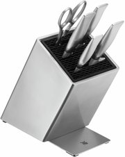 Messerblock Grand Gourmet 6-teilig aus Edelstahl mit schräger Perspektive, inklusive Messer und Schere.