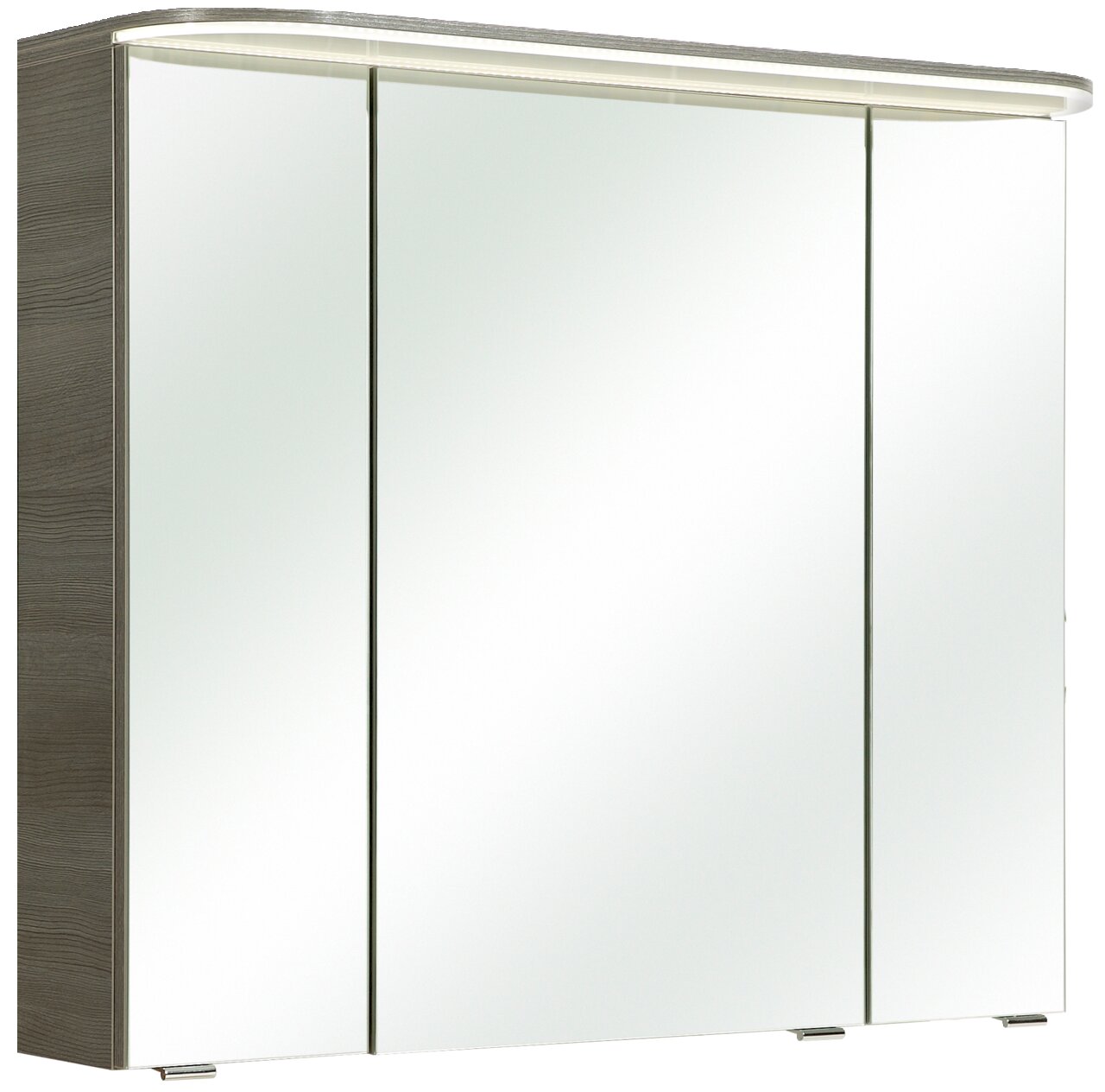 Moderner Spiegelschrank mit drei Türen und integrierter Beleuchtung, seitliche Perspektive