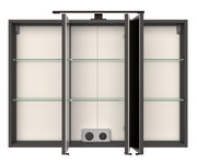 Offener Spiegelschrank mit drei Türen und Glasböden, Frontansicht