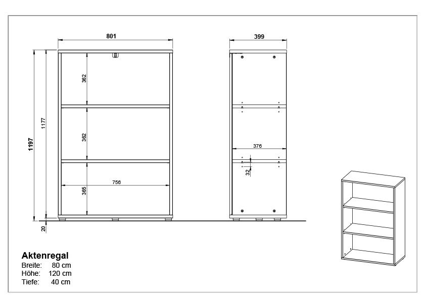 Zeichnung eines Aktenregals mit drei Regalböden, Breite 80 cm, Höhe 120 cm, Tiefe 40 cm, Vorder- und Seitenansicht.