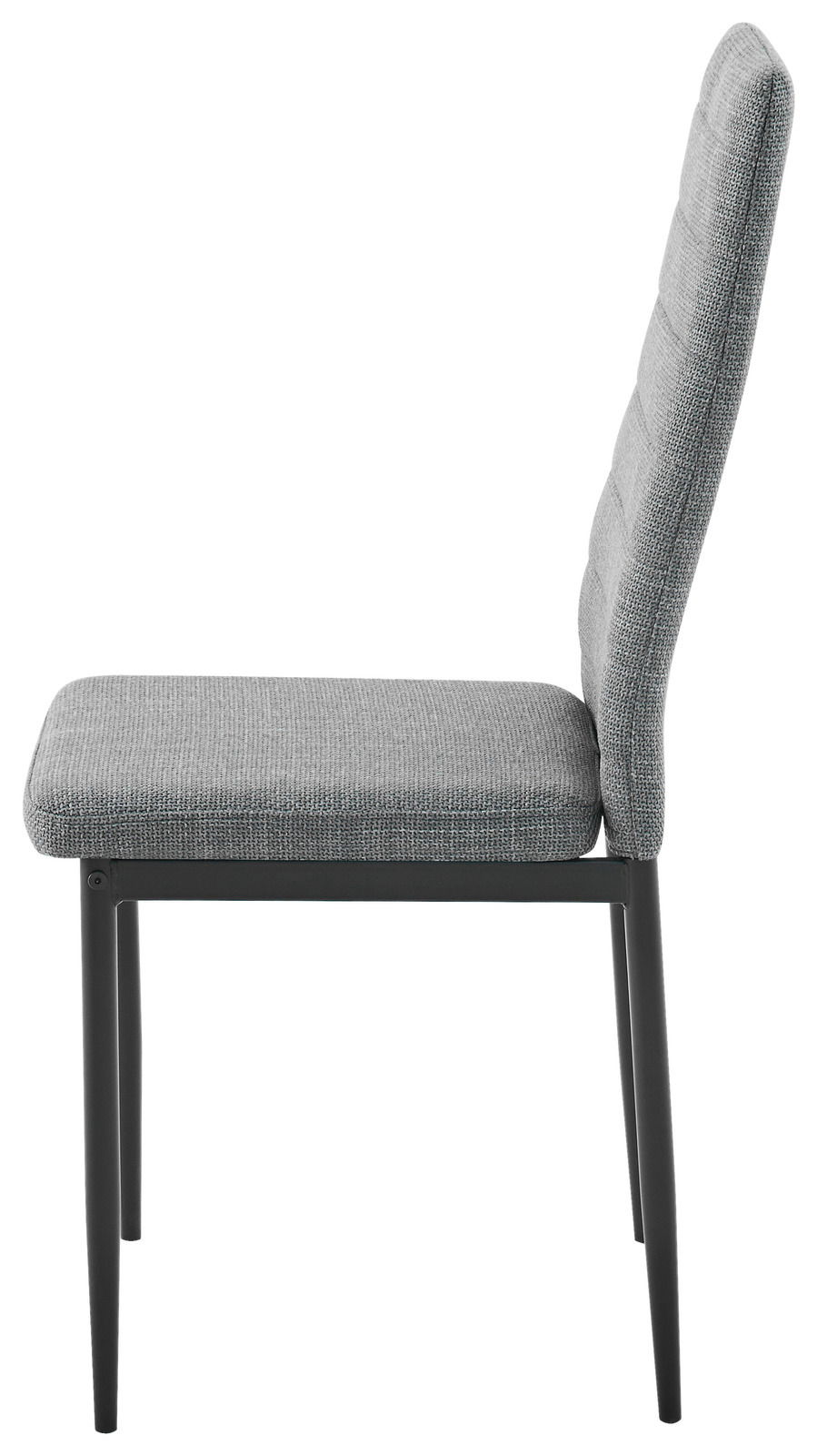 Seitenansicht eines grauen Stuhls mit gepolsterter Sitzfläche und Rückenlehne, schwarzes Metallgestell.