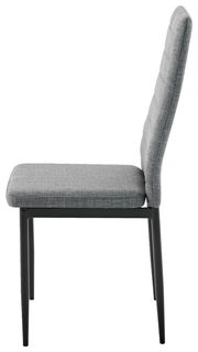 Seitenansicht eines grauen Stuhls mit gepolsterter Sitzfläche und Rückenlehne, schwarzes Metallgestell.