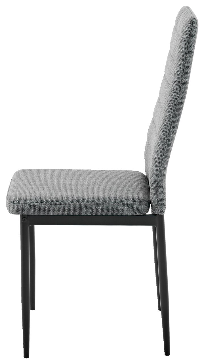 Seitenansicht eines grauen Stuhls mit gepolsterter Sitzfläche und Rückenlehne, schwarzes Metallgestell.