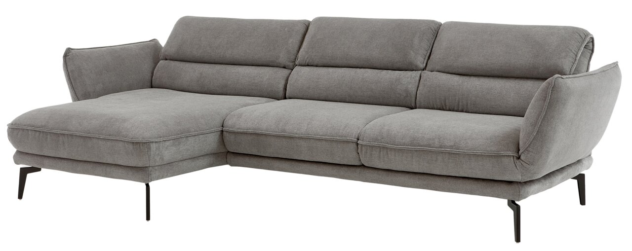 Grijze longchair-bank met armleuning aan de linkerkant, moderne metalen poten, zijaanzicht