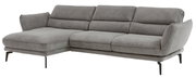 Grijze longchair-bank met armleuning aan de linkerkant, moderne metalen poten, zijaanzicht