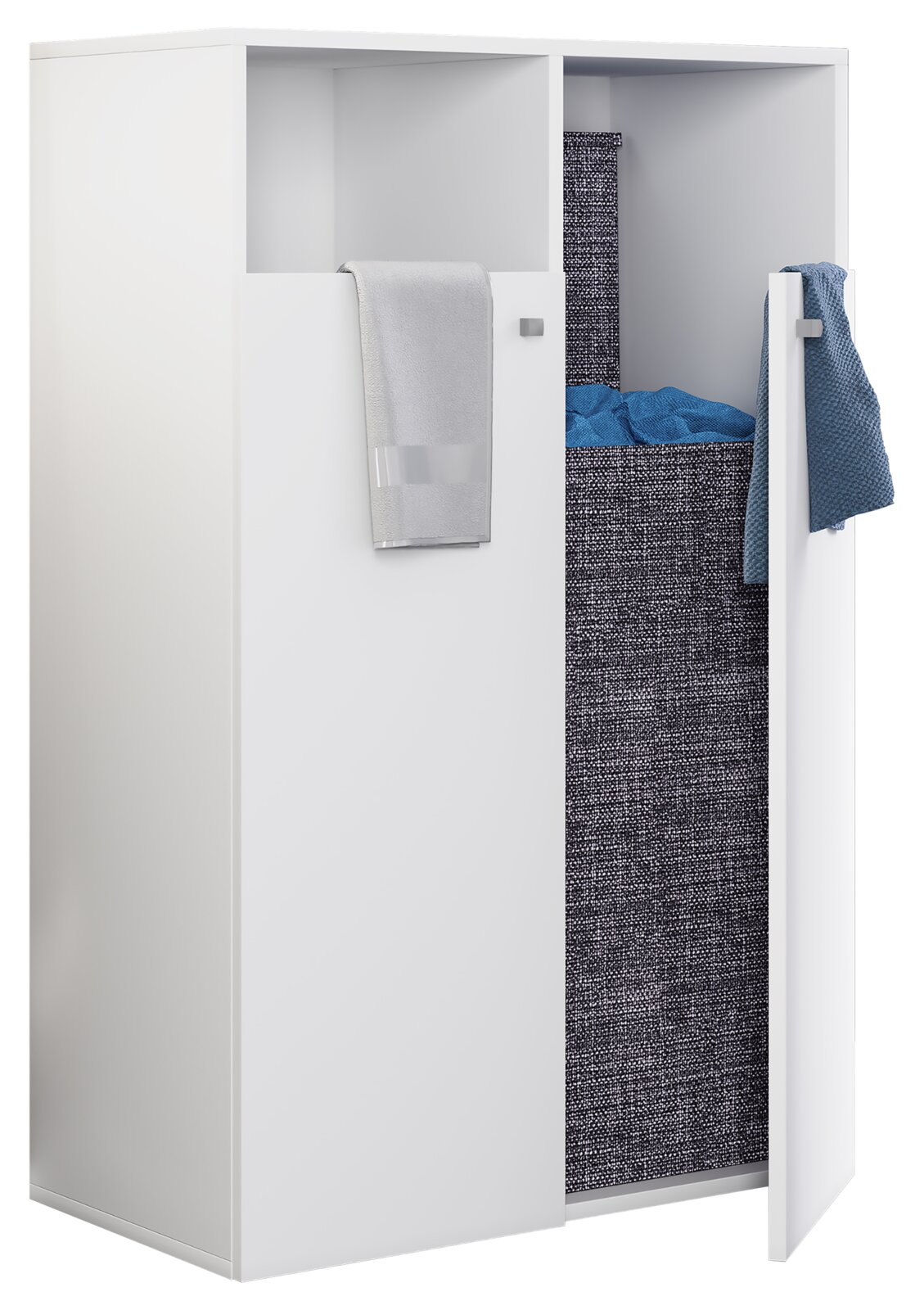 Weißer Wäscheschrank mit zwei Frontklappen, Handtuchhalter und integriertem Wäschekorb, freigestellt in schräger Vorderansicht (3/4-Perspektive) von links