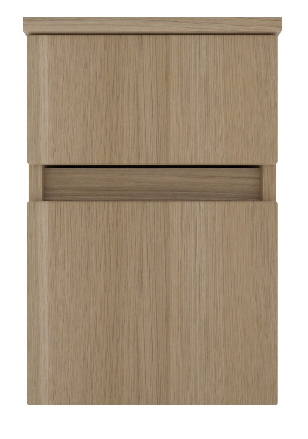 Novel Unterschrank NV.210 Frontansicht eines modernen Unterschranks aus hellem Holz mit zwei Schubladen.