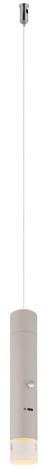 Moderne Akku-Pendelleuchte in zylindrischer Form, seitliche Ansicht, mit silberner Aufhängung und integriertem Schalter.