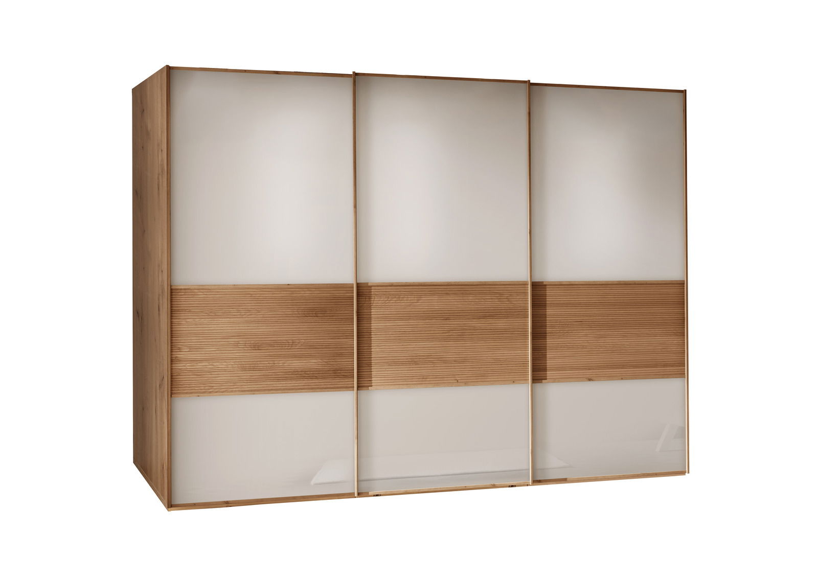 Venda Schwebetürenschrank 3-türig NEW YORK Moderner dreitüriger Schwebetürenschrank mit Holz- und Glaselementen, Frontalansicht